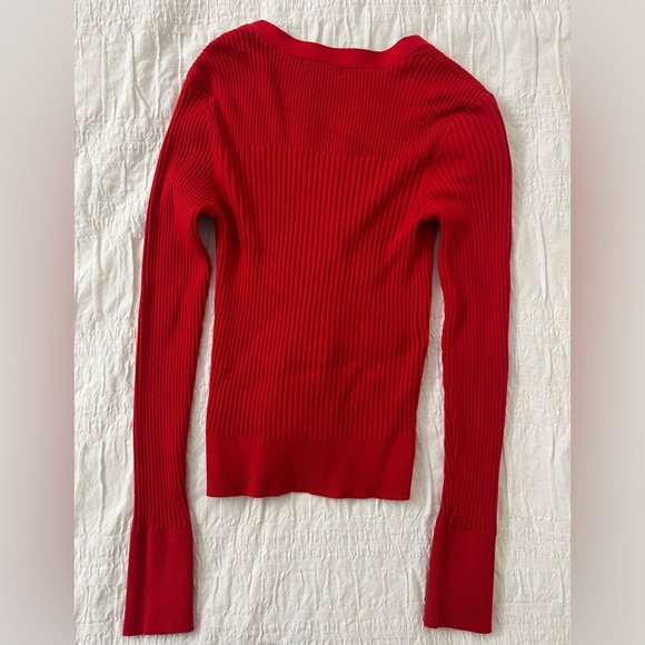 Red Ribbed V-Neck Button Cardigan Sweater - Picture 4 of 4